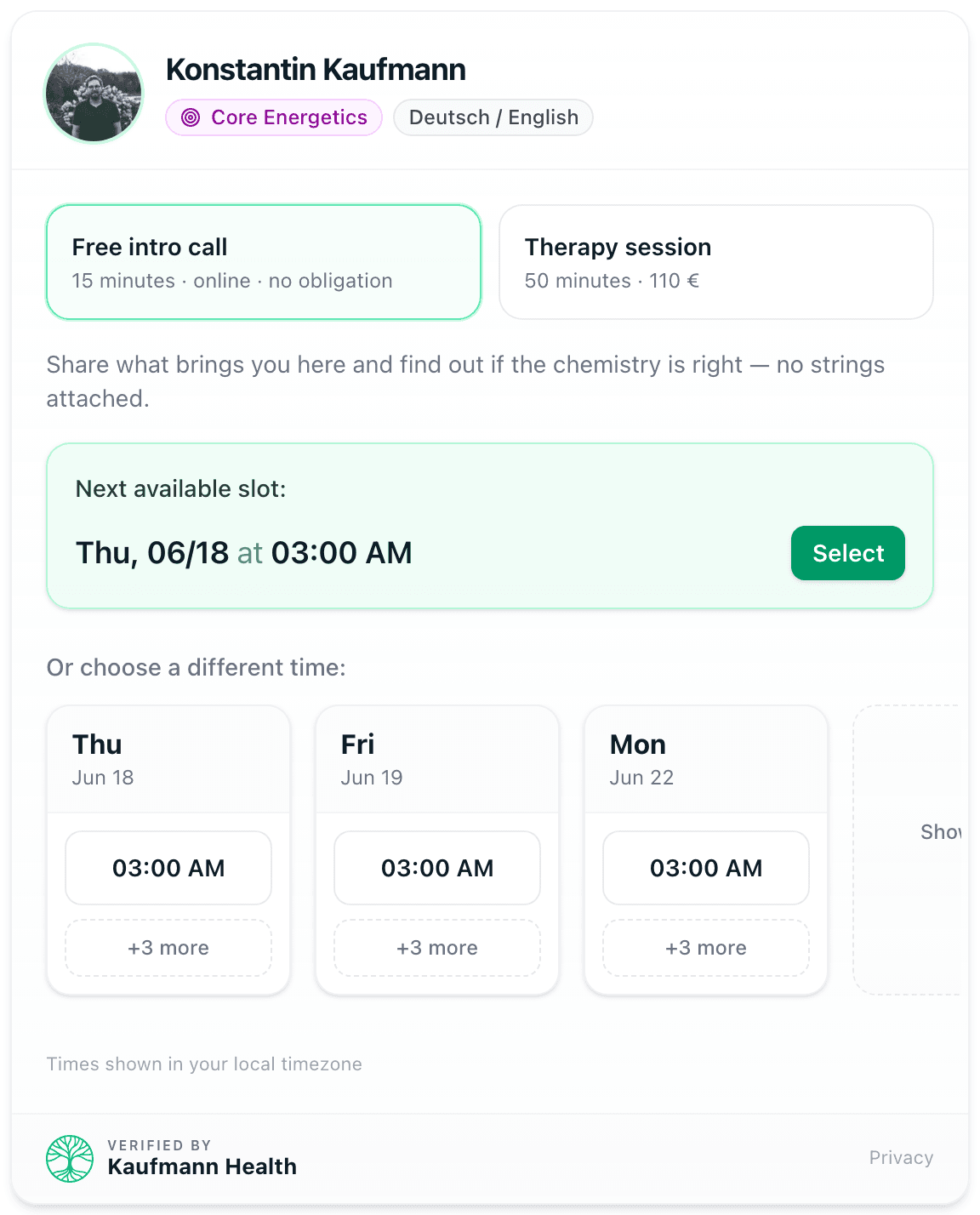 The Kaufmann Health booking tool embedded on a practice website, showing open appointment times