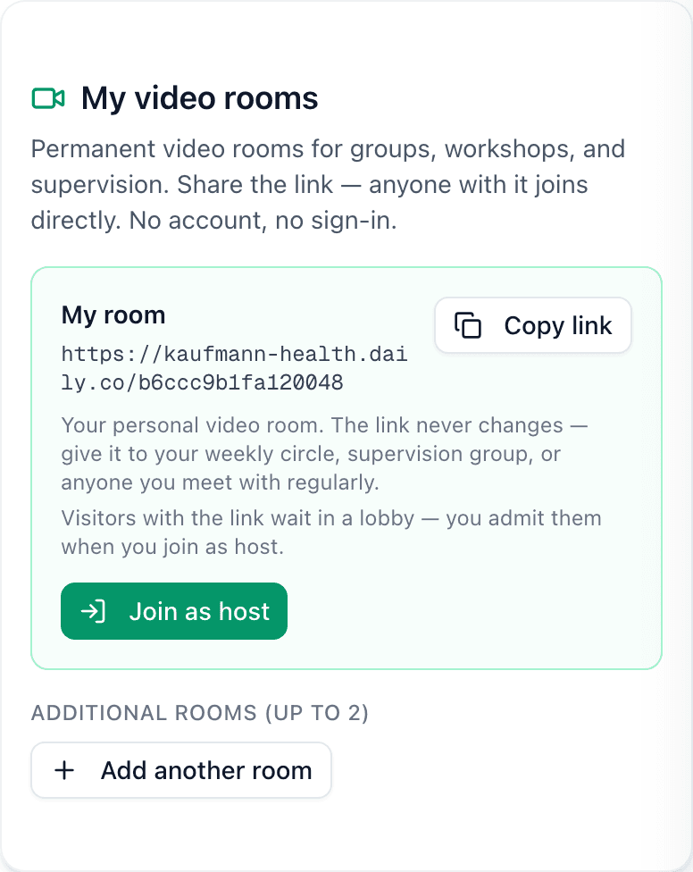 A private video room in the Kaufmann Health portal — share one link, no account needed